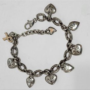 Brighton Silver‎ Pl Charm Bracelet Hearts Faith Hope Heal Ribbon Breast Cancer